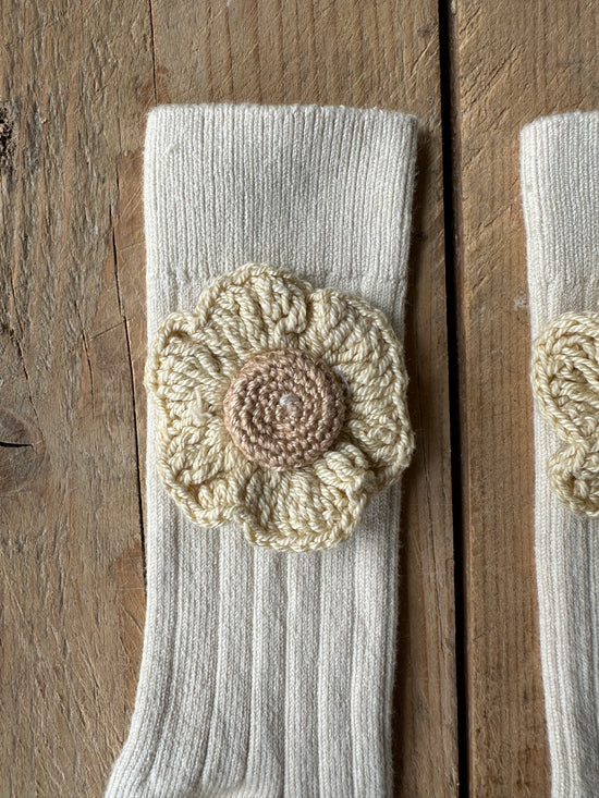 hand crocheted flower knee high socks, milk