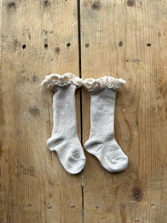 pointelle merino wool lace knee high socks, milk
