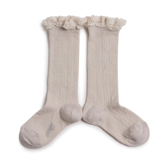 pointelle merino wool lace knee high socks, milk
